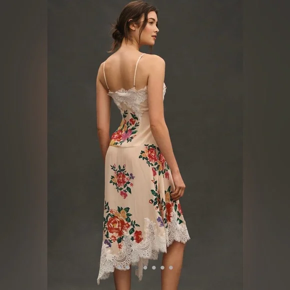 By Anthropologie sleeveless V neck lace slip midi dress